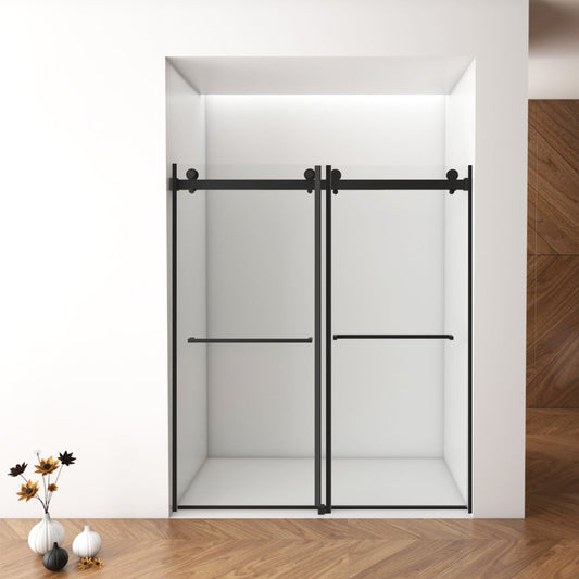 Allsumhome 56" - 60"W x 76"H Frameless Double Sliding Shower Door,10mm Tempered Glass Shower Enclosure,Easy Clean Coat,Matte Black,Buffer