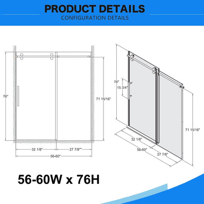 Allsumhome 56" - 60"W x 76"H Frameless Sliding Shower Door,10mm Tempered Glass Shower Enclosure,Double Side Easy Clean Coat,Chrome,Buffer