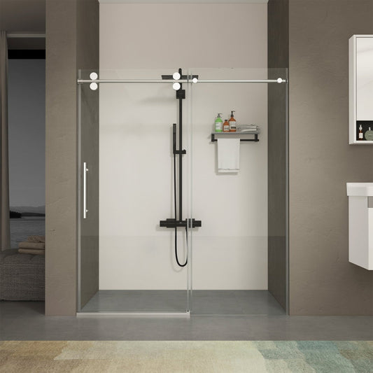 Allsumhome 56" - 60"W x 76"H Frameless Sliding Shower Door,10mm Tempered Glass Shower Enclosure,Double Side Easy Clean Coat,Chrome,Buffer