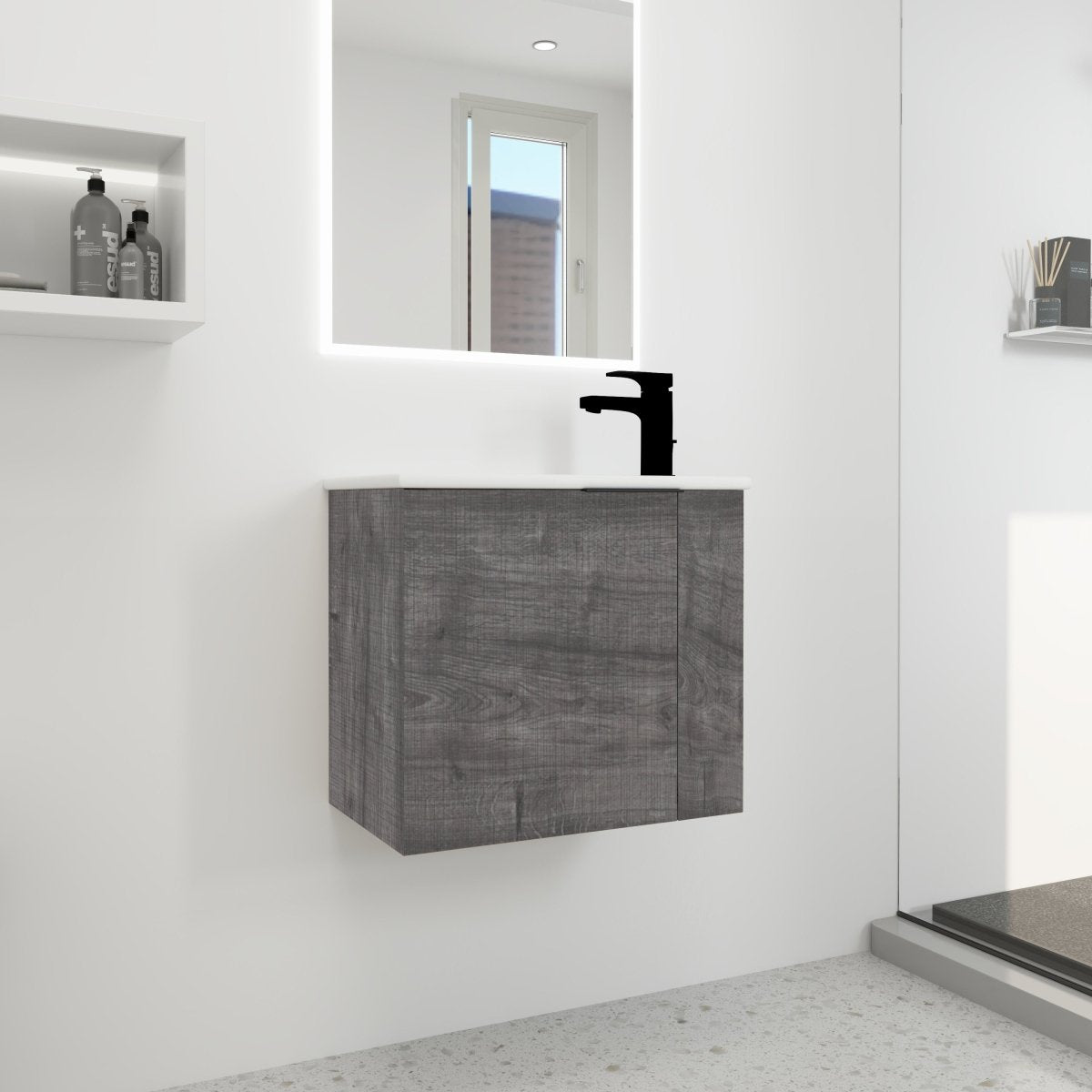 Allsumhome Modern Bathroom Vanity with Sink 22 Inch for Small Bathroom in Plaid Grey Oak,Floating Bathroom Vanity with Soft Close Door