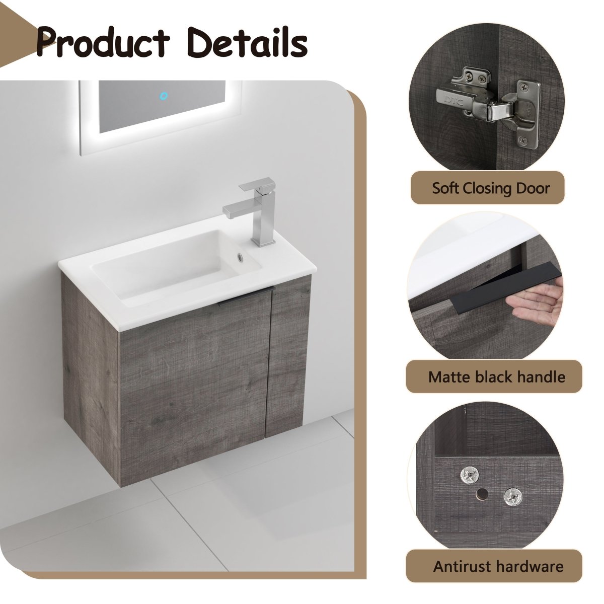 Allsumhome Modern Bathroom Vanity with Sink 22 Inch for Small Bathroom in Plaid Grey Oak,Floating Bathroom Vanity with Soft Close Door