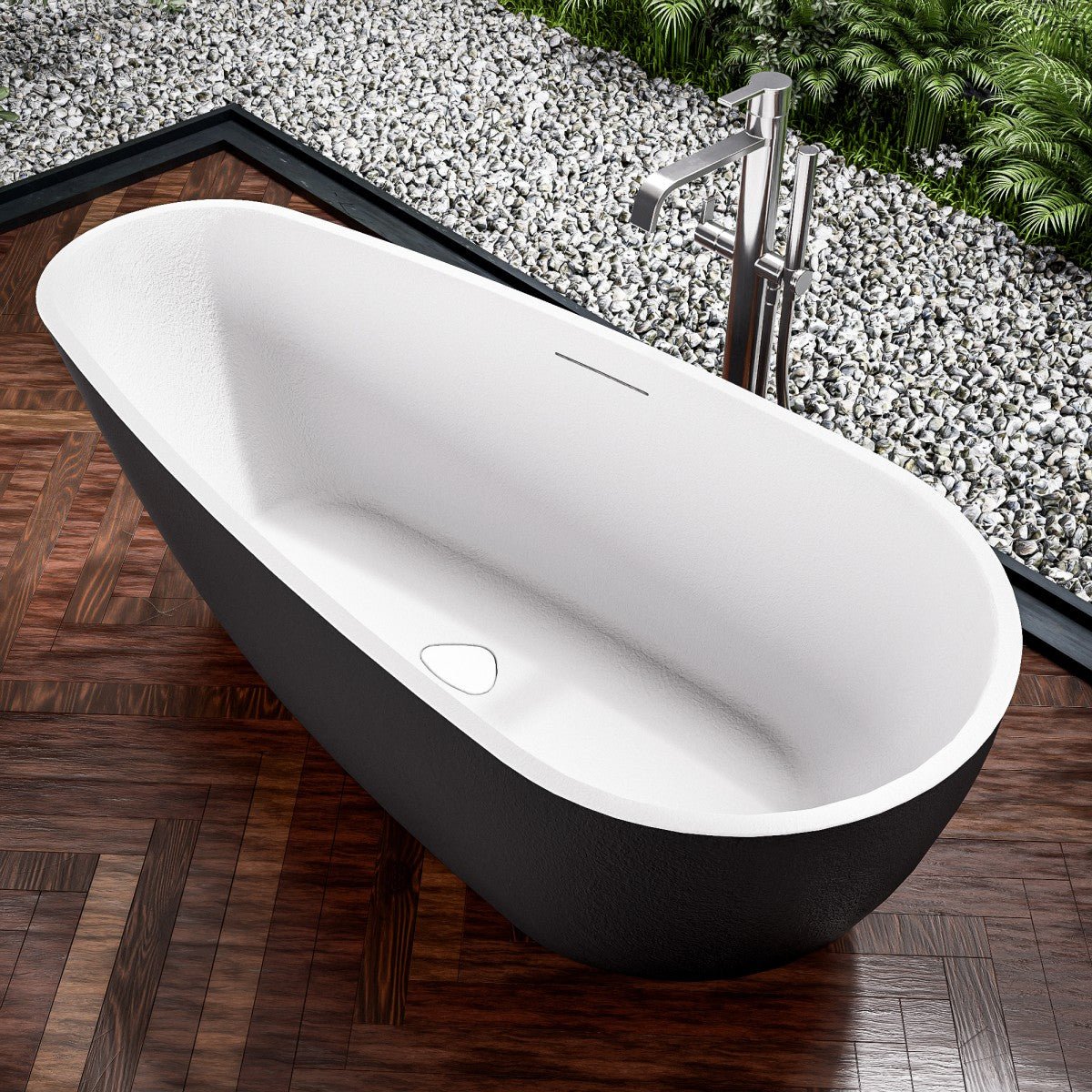 Allsumhome RockE 59" Imitation Natural Stone Freestanding Bathtub,Stone Touch,Black,Scratch - proof,cUPC Certified