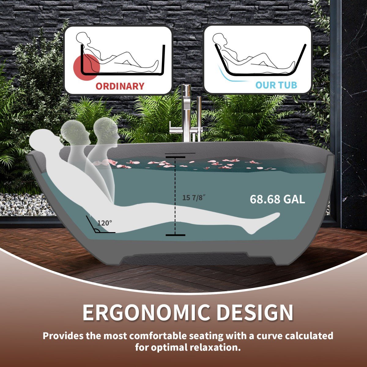 Allsumhome RockE 59" Imitation Natural Stone Freestanding Bathtub,Stone Touch,Cement Grey,Scratch - proof,cUPC Certified