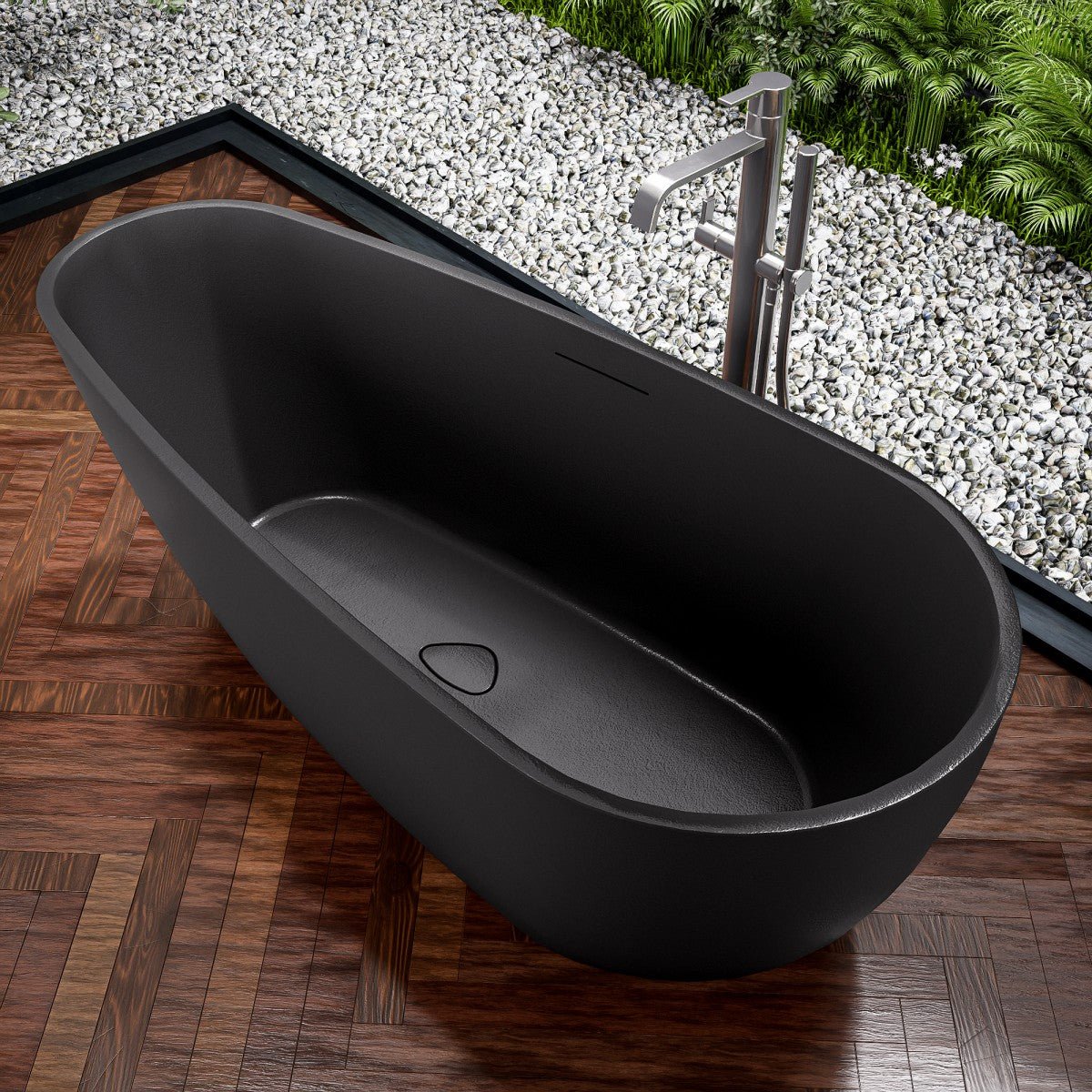 Allsumhome RockE 59" Imitation Natural Stone Freestanding Bathtub,Stone Touch,Pure Black,Scratch - proof,cUPC Certified,No Drain