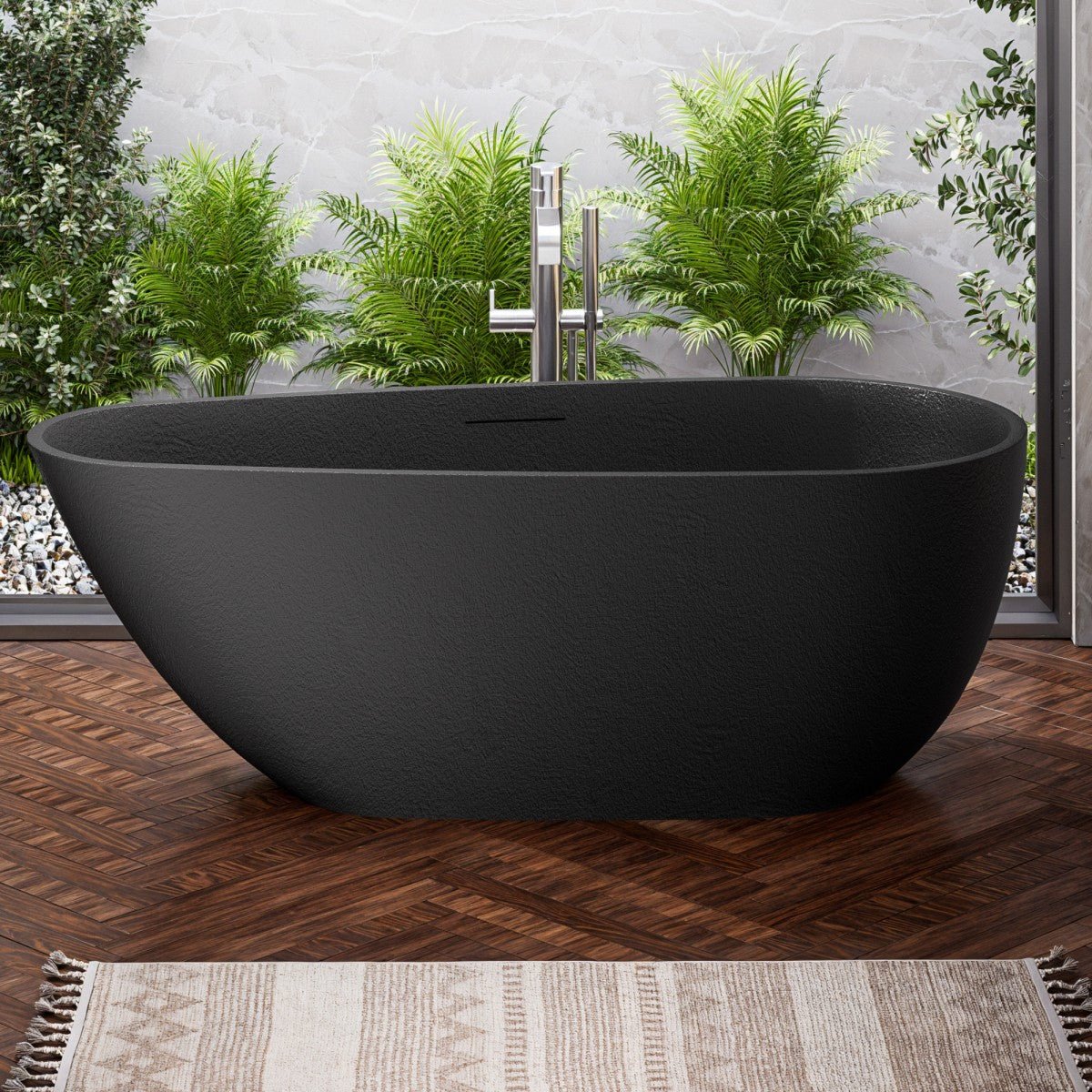 Allsumhome RockE 59" Imitation Natural Stone Freestanding Bathtub,Stone Touch,Pure Black,Scratch - proof,cUPC Certified,No Drain