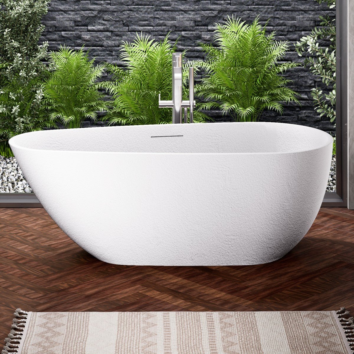 Allsumhome RockE 59" Imitation Natural Stone Freestanding Bathtub,Stone Touch,White,Scratch - proof,cUPC Certified,No Drain