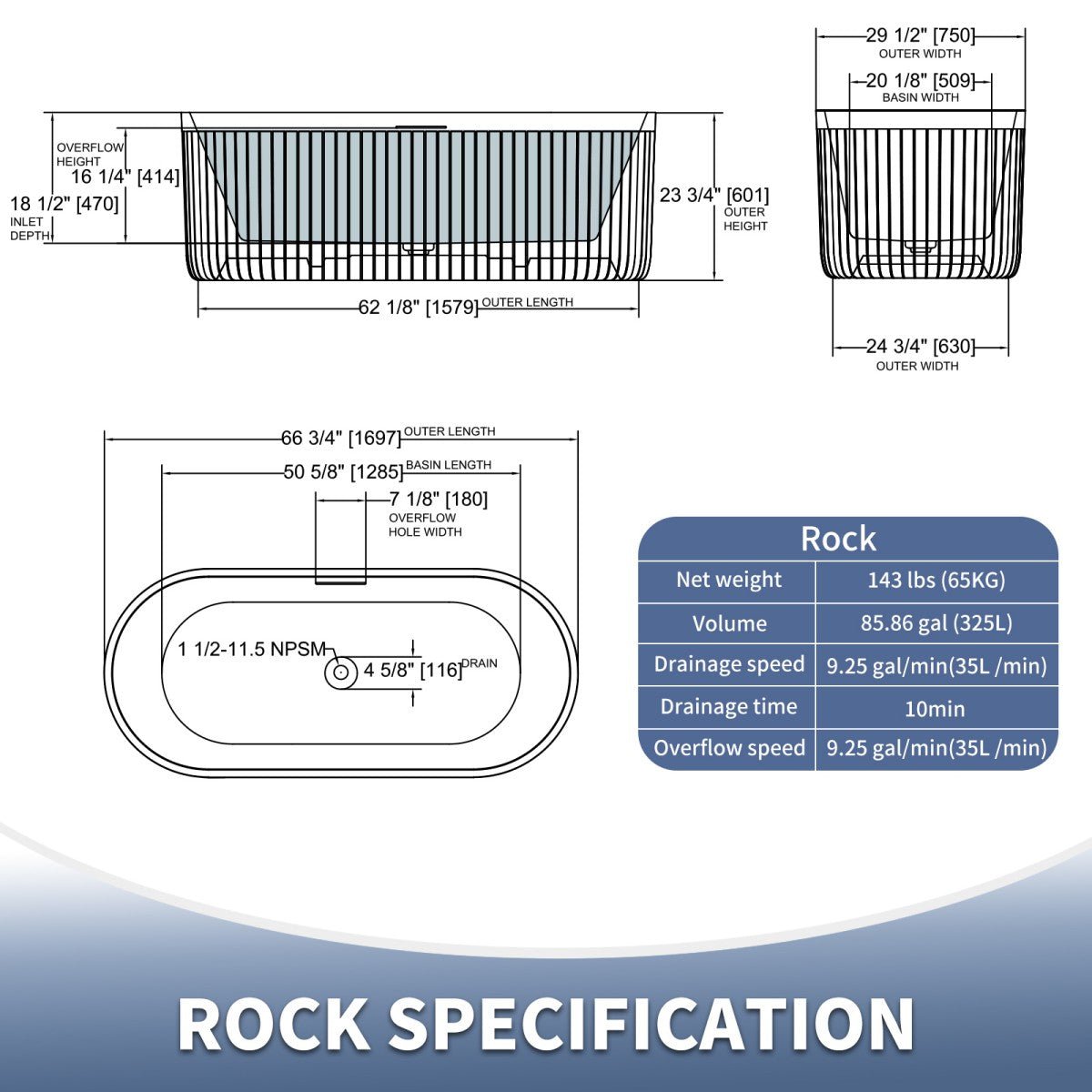 Allsumhome RockF 67" Oval Shape Imitation Natural Stone Freeing Soaking Bathtub,Stone Touch,Prussian blue,Scratch - proof,With cUPC