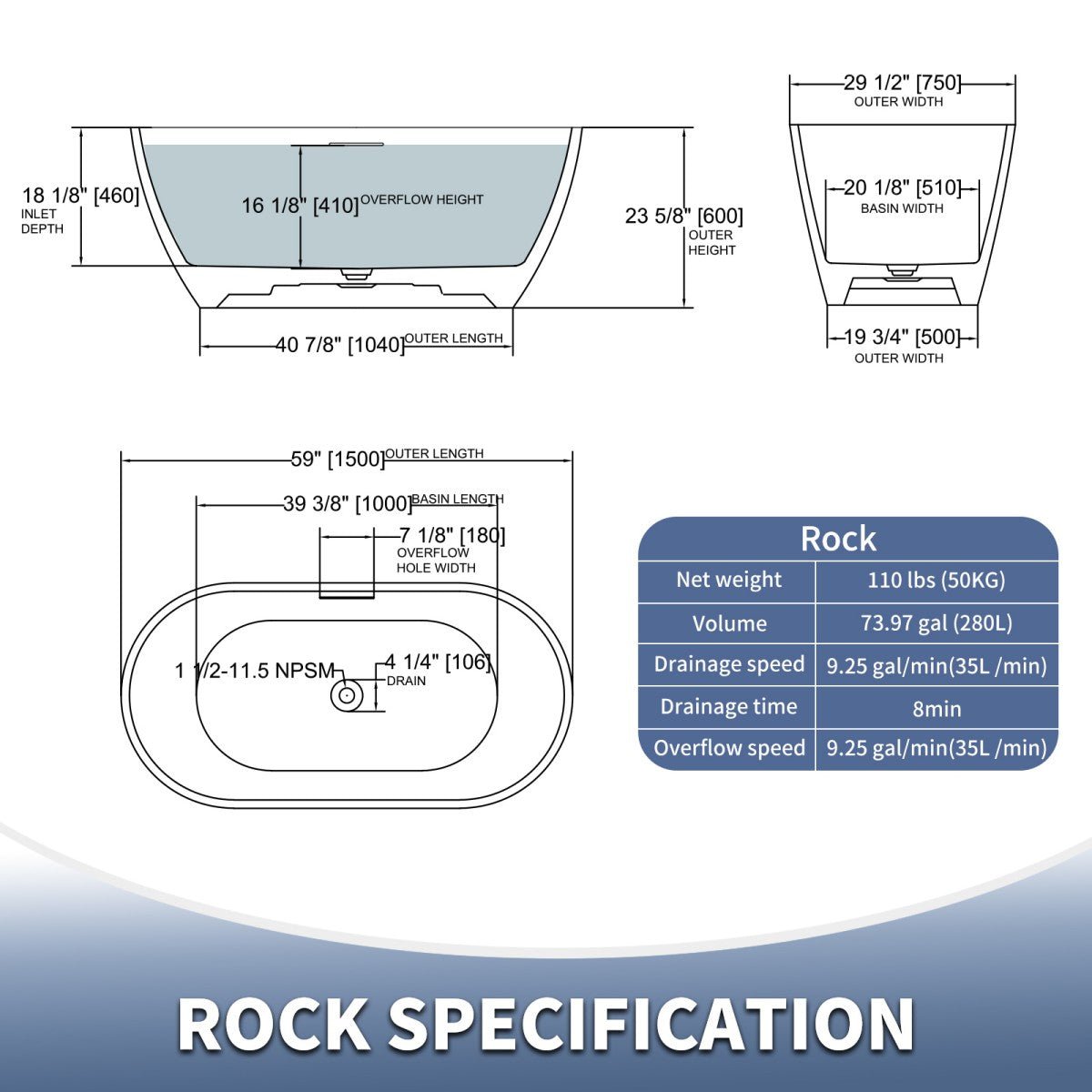 Allsumhome RockX 59" Imitation Natural Stone Freestanding Bathtub,Avocado green,Stone Touch,Scratch - proof,Large Overflow Port