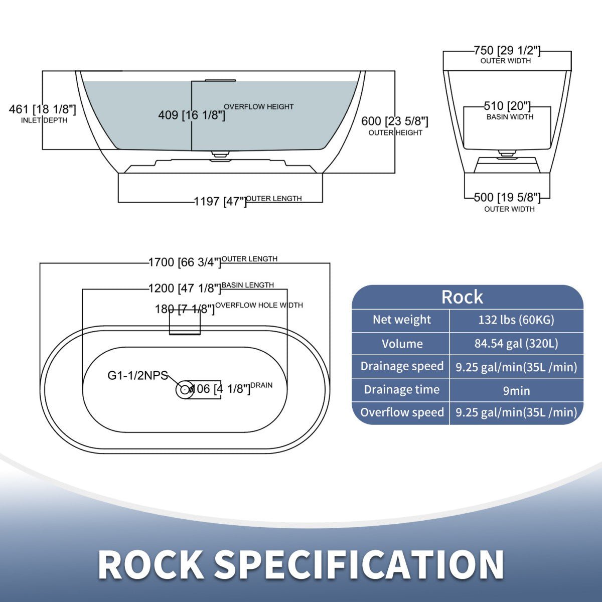 Allsumhome RockX 67" Imitation Natural Stone Freestanding Bathtub,Stone Touch,White,Scratch - proof,Large Overflow Port