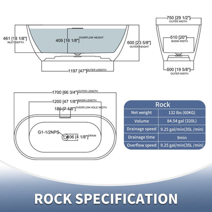 Allsumhome RockX 67" Imitation Natural Stone Freestanding Bathtub,Stone Touch,White,Scratch - proof,Large Overflow Port