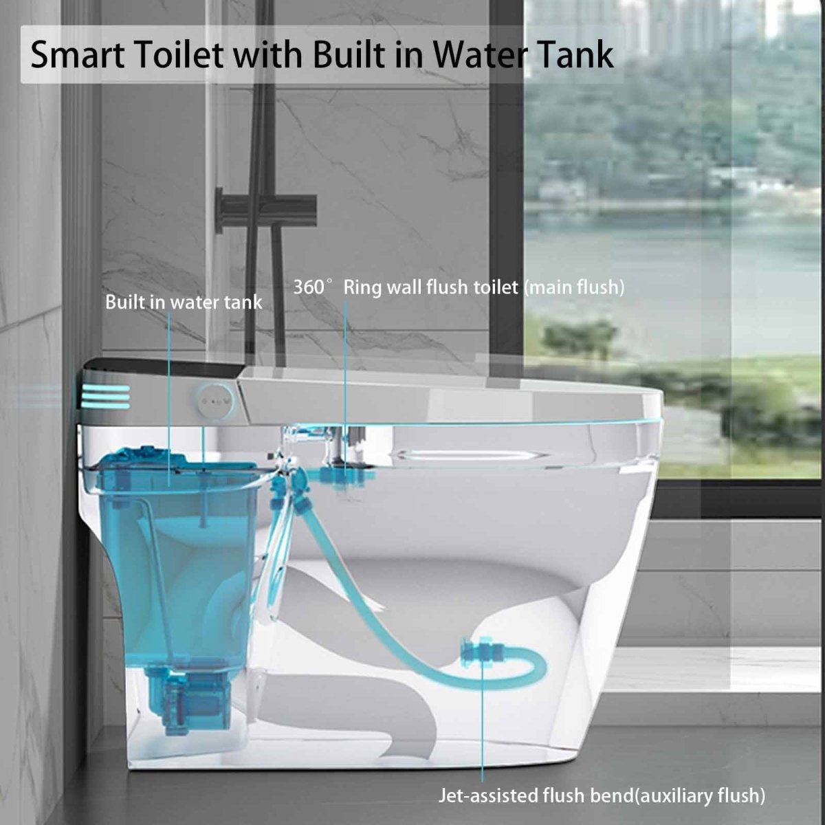 Allsumhome ST - ZGP - 01 Smart Toilet with Heated Bidet Seat, One Piece toilet with AUTO Open&Close, Foot Kick Operation, AUTO Dual Flush, Dryer and Warm Water, Built In Water Tank Without Pressure Limited, White