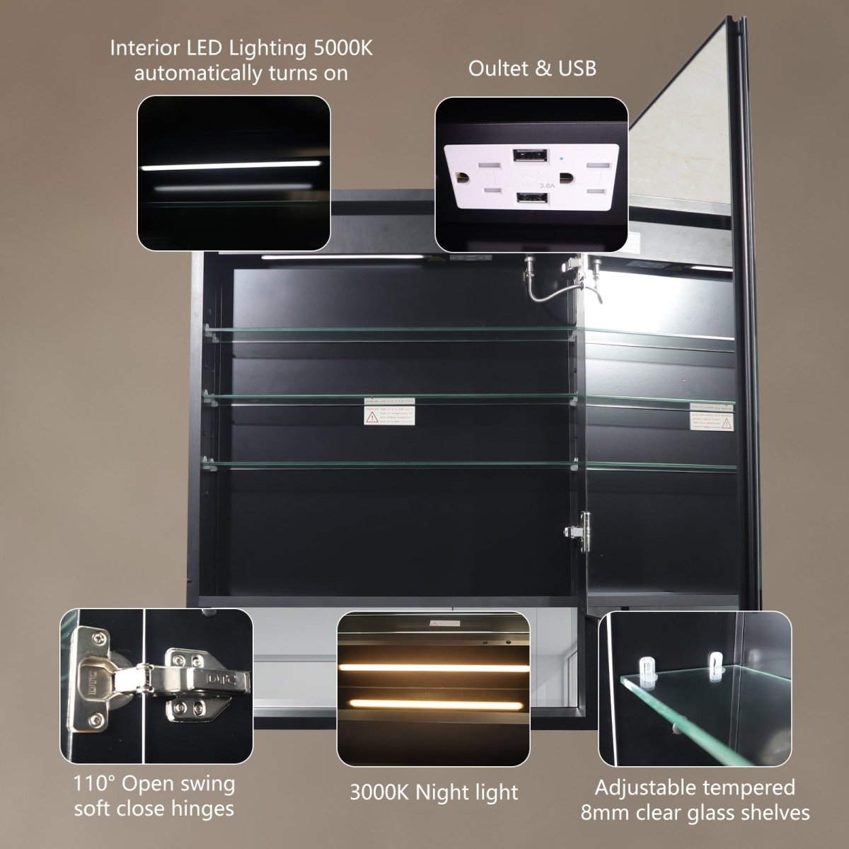 Ample 24" W x 32" H Lighted Black Medicine Cabinet Bathroom Medicine Cabinet with Double Sided Mirror And Lights,Hinge on Right