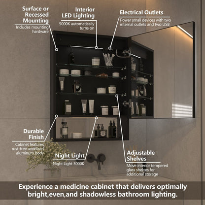 Ample 24" W x 32" H Lighted Black Medicine Cabinet Bathroom Medicine Cabinet with Double Sided Mirror And Lights,Hinge on Right