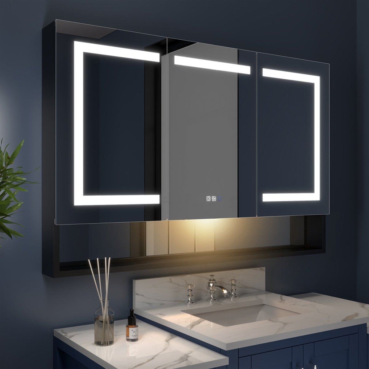 Ample 48" W x 32" H LED Lighted Mirror Black Medicine Cabinet with Shelves for Bathroom Recessed or Surface Mount