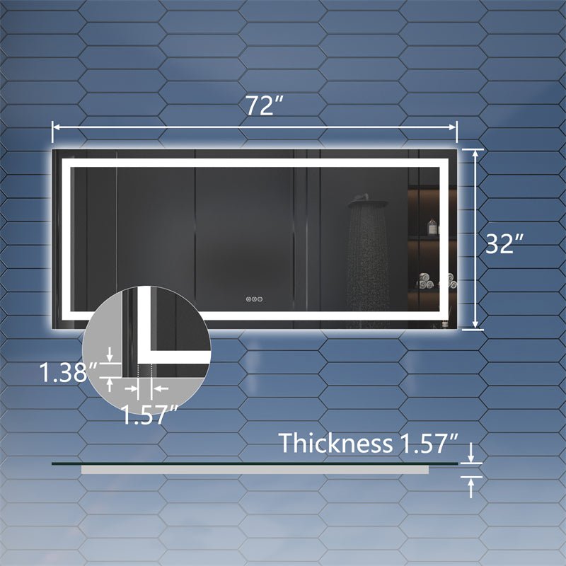 Apex 72" W x 32" H LED Bathroom Large Light Led Mirror,Anti Fog,Dimmable,Dual Lighting Mode,Tempered Glass