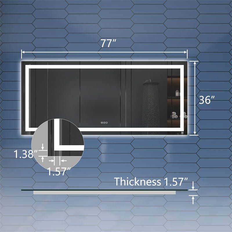 Apex 77" W x 36" H LED Bathroom Large Light Led Mirror,Anti Fog,Dimmable,Dual Lighting Mode,Tempered Glass