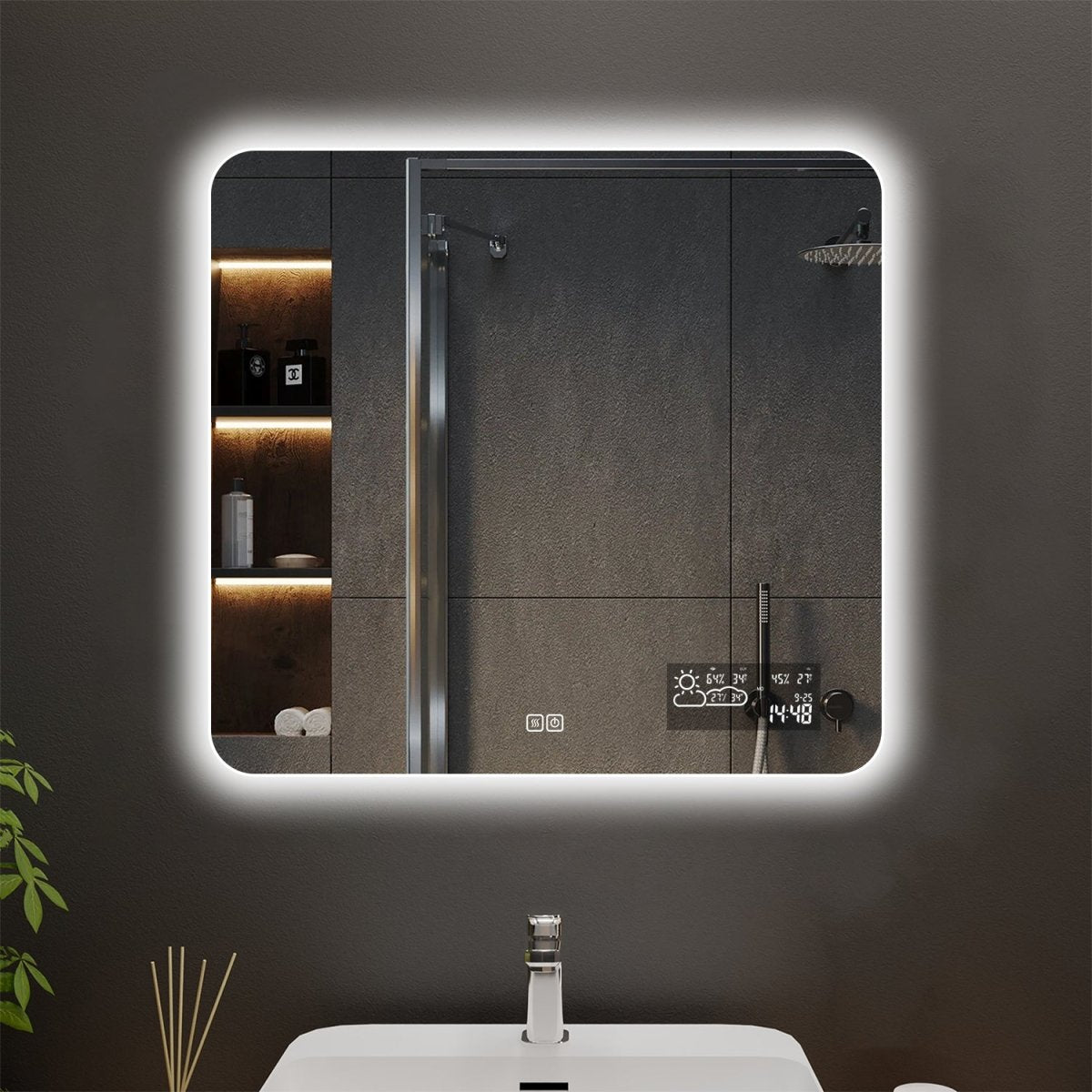 ES-DIY Arcs Customized Rectangle LED Bathroom Mirror, Backlit  and Wifi Weather Station