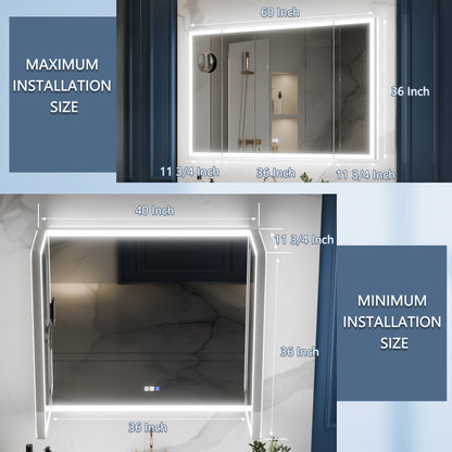 TriFold 60" W x 36" H LED Lighted Tri-Fold Bathroom Mirror, Front & Back Lighting, with Movable 10X Magnifying Mirror