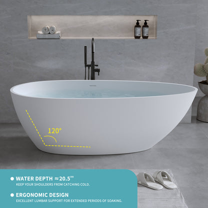 Exbrite 59'' Freestanding Solid Surface Resin Stone Bathtub,Free Standing Tub with Overflow and Pop-up Drain, Matte White