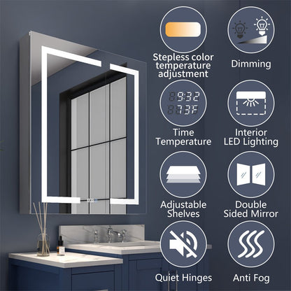 Boost - M1 24" W x 30" H Light Medicine Cabinet Recessed or Surface Mount Aluminum Adjustable Shelves Vanity Mirror Cabinet,Hinge on the Left