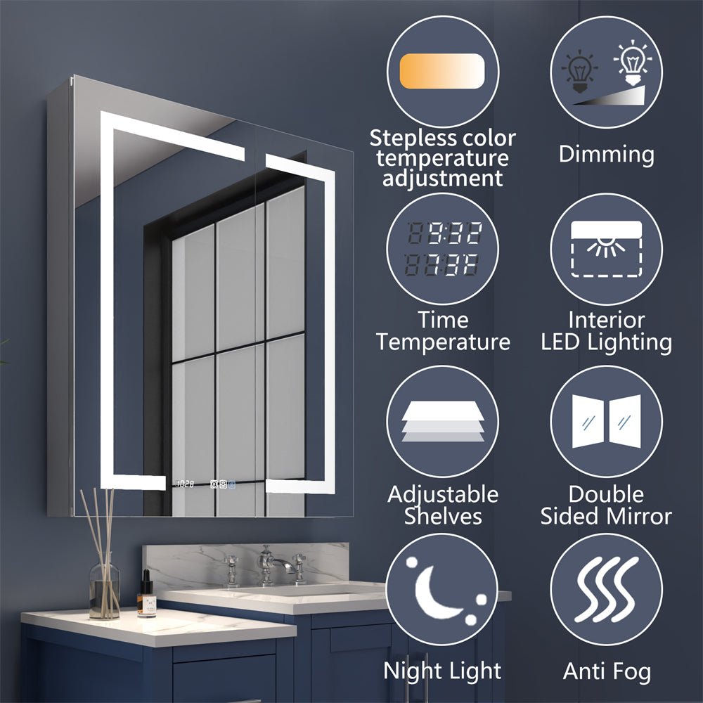 Boost - M2 30" W x 32" H Bathroom Light Medicine Cabinets Recessed or Surface Defogger, Dimmer, Clock，Outlets & USB