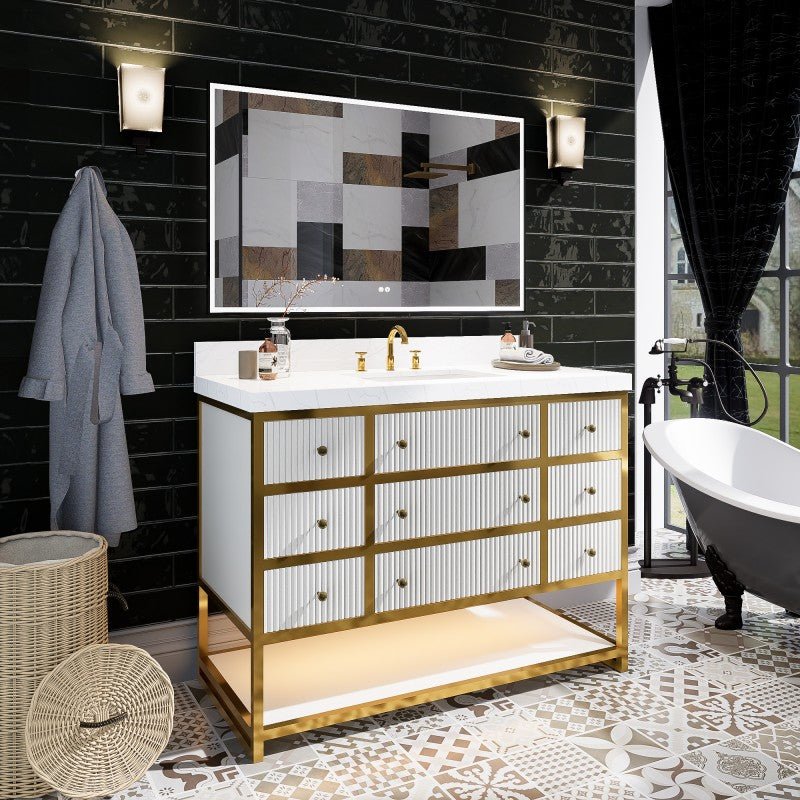 Brillare 48" LED Bath Vanity With Sink,Cultured Marble Top,White,Solid Oak Build,Soft - Close,8 in faucet holes