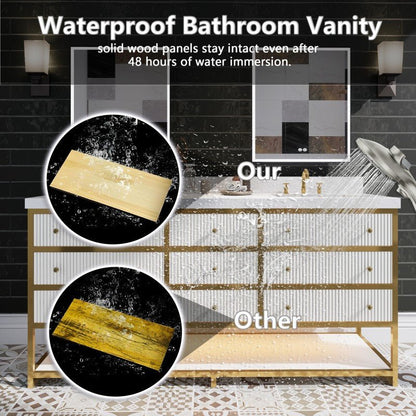 Brillare 72" LED Bath Vanity With Sink,Cultured Marble Top,White,Solid Oak Build,Soft - Close,8 in faucet holes