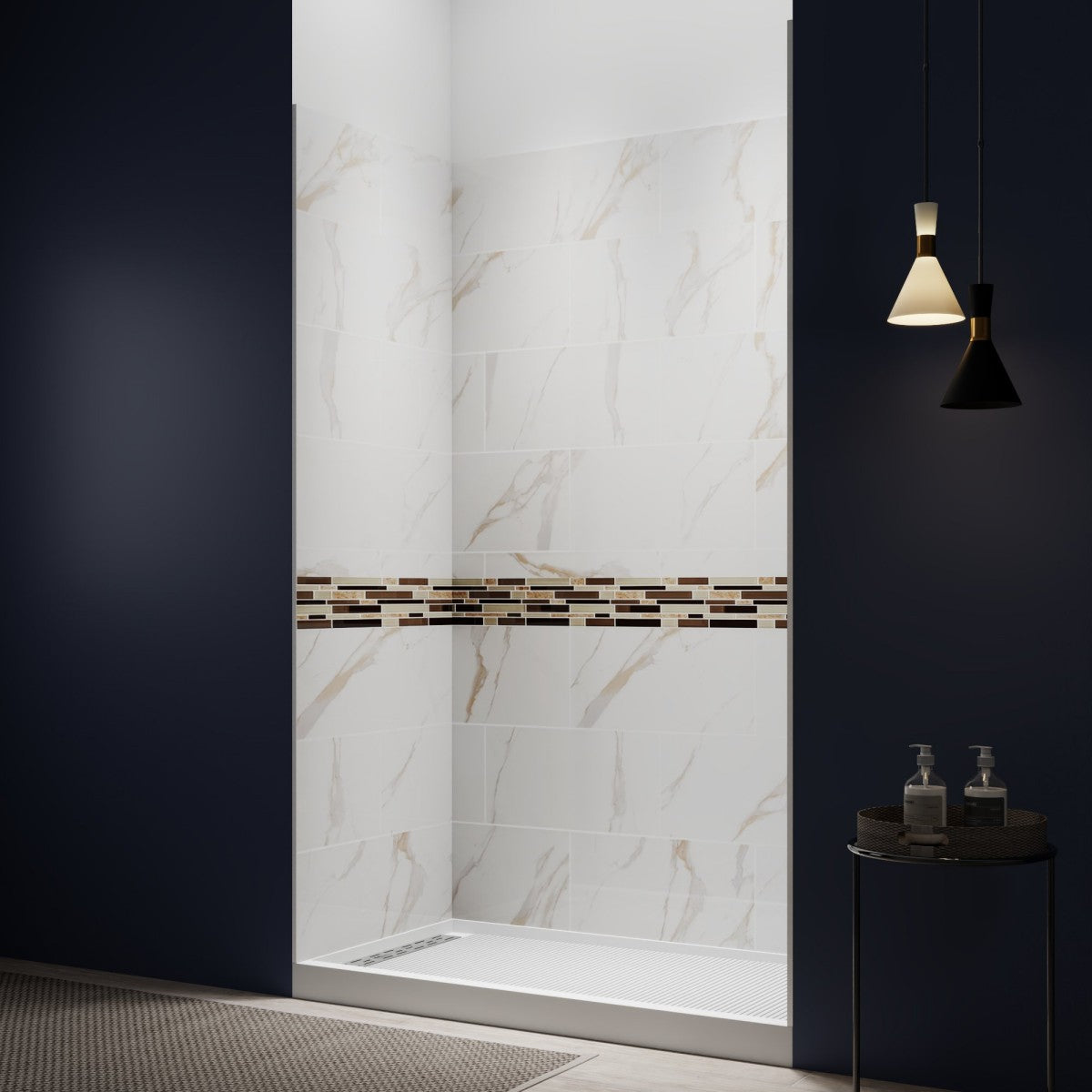 Verona 32" x 60"in Alcove Stone Shower Wall Kit for Bathroom Remodel,Fast Installation,Waterproof,Champagne Gold