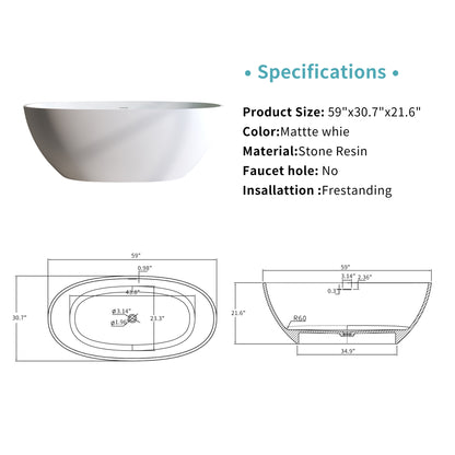 Exbrite 59'' Solid Surface Matte Tub, Solid Surface Soaking Tub, Stone Resin Freestanding Bathtub,Pop-up Drain, Matte White,Oval