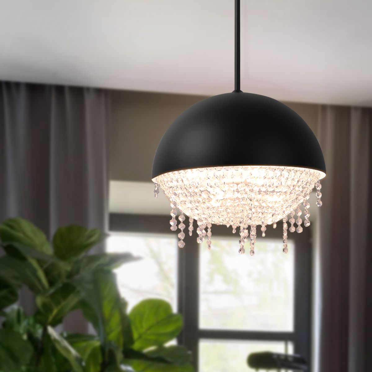 ES-DIY Modern Crystal Pendant Light Fixture Finish,Lighting Crystal Chandelier for Living Room,LED Kitchen Lighting,Hallway,Matte Black