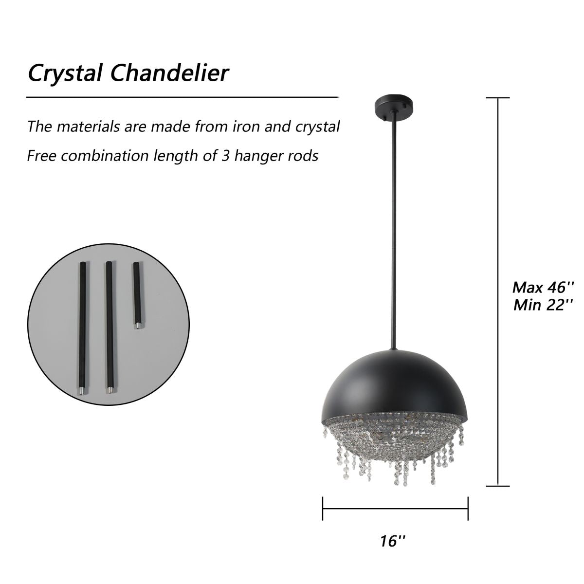ES-DIY Modern Crystal Pendant Light Fixture Finish,Lighting Crystal Chandelier for Living Room,LED Kitchen Lighting,Hallway,Matte Black