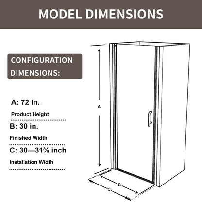 Classy 30 - 31.3"x72" Frameless Shower Door in Brush Gold,Water Repellent Glass with Seal Strip Parts and Handle,6mm Glass Shower Door