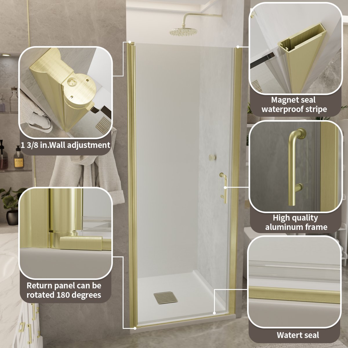 Classy 30 - 31.3"x72" Frameless Shower Door in Brush Gold,Water Repellent Glass with Seal Strip Parts and Handle,6mm Glass Shower Door