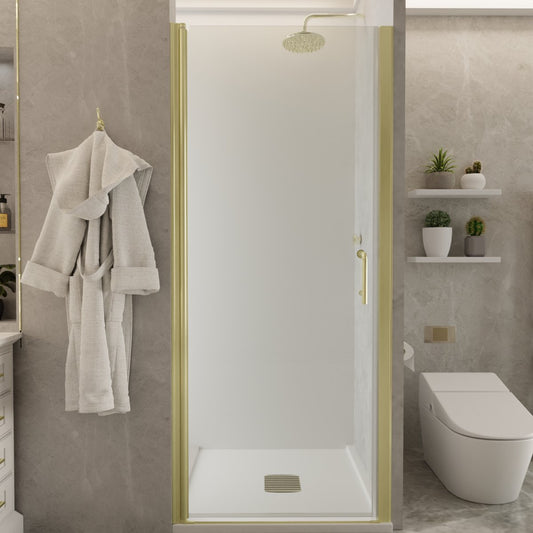 Classy 32 - 33.3"x72" Frameless Shower Door in Brush Gold,Water Repellent Glass with Seal Strip Parts and Handle,6mm Glass Shower Door