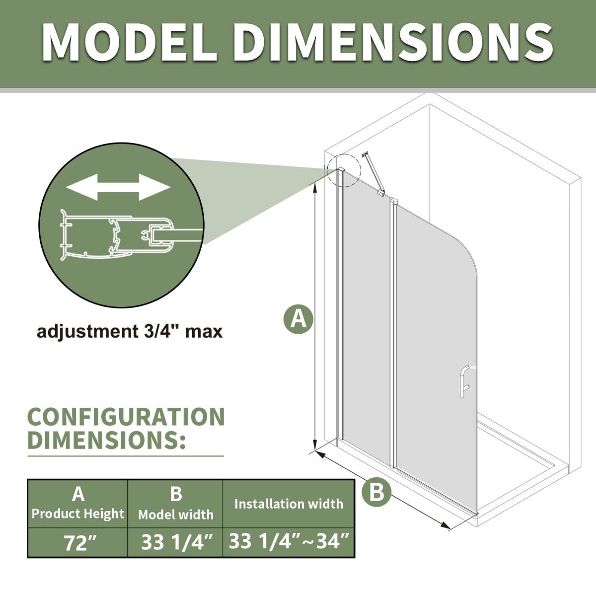 Classy 33 - 34"x72" Frameless Shower Door in Matte Black,Water Repellent Glass with Seal Strip Parts and Handle,6mm Glass Shower Door