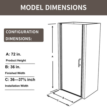 Classy 36 - 37.3"x72" Frameless Shower Door in Brush Gold,Water Repellent Glass with Seal Strip Parts and Handle,6mm Glass Shower Door