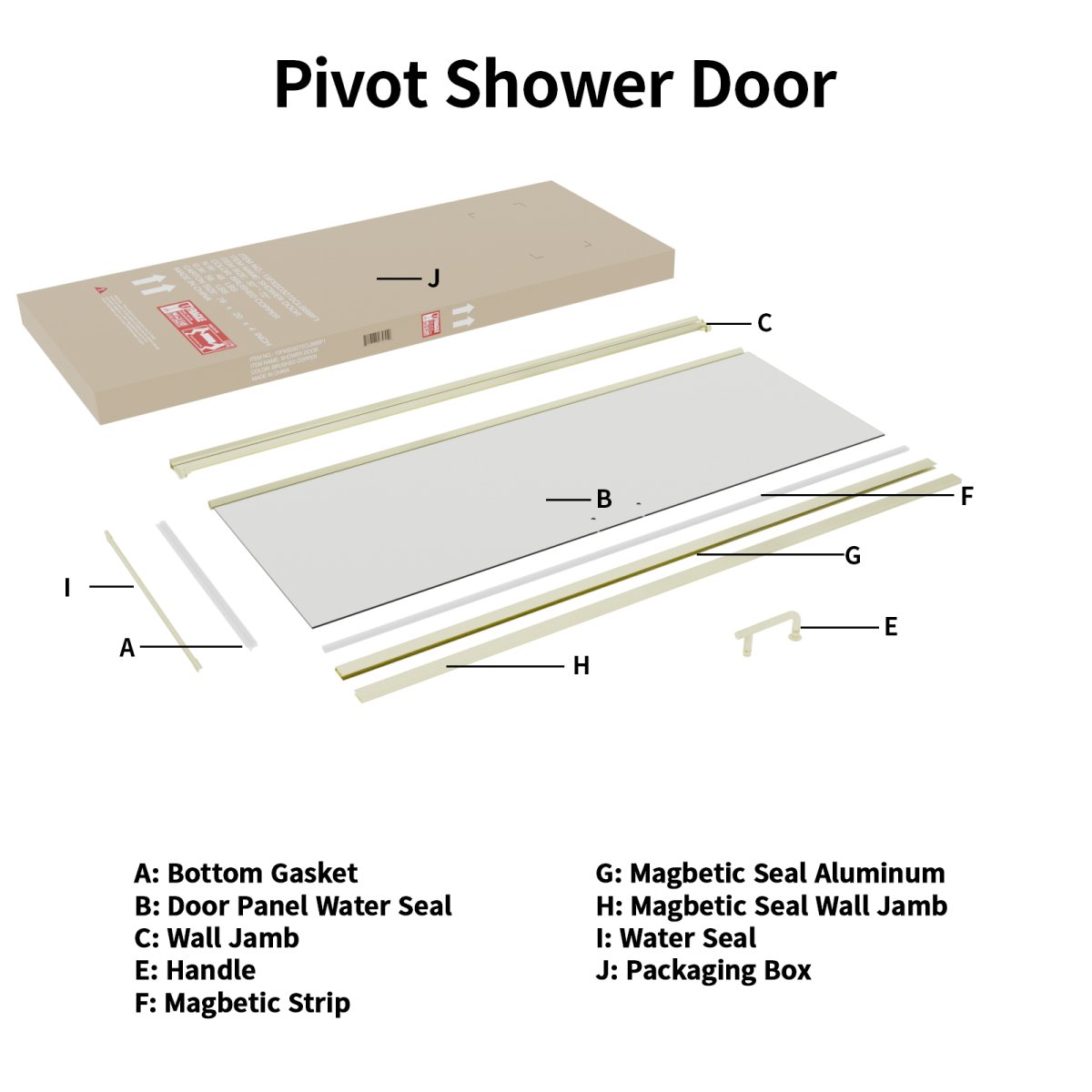 Classy 36 - 37.3"x72" Frameless Shower Door in Brush Gold,Water Repellent Glass with Seal Strip Parts and Handle,6mm Glass Shower Door