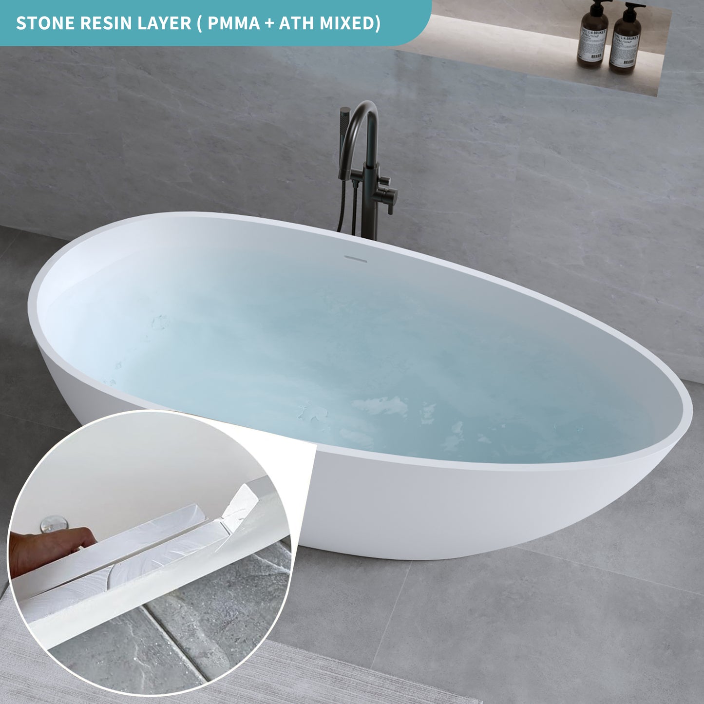 Exbrite 59'' Freestanding Solid Surface Resin Stone Bathtub,Free Standing Tub with Overflow and Pop-up Drain, Matte White