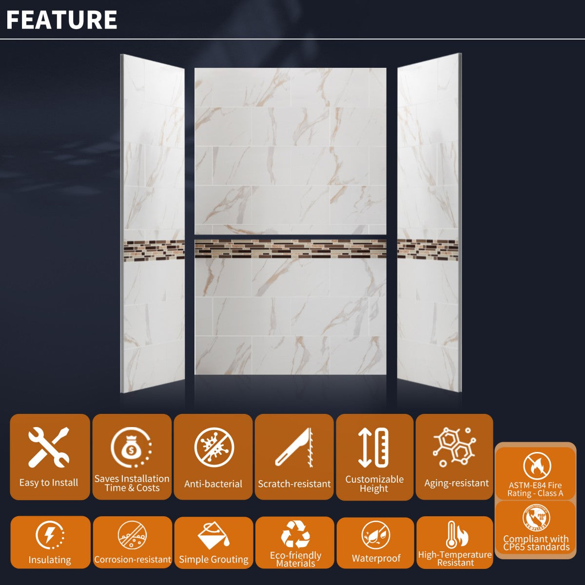 Verona Bathroom Tiles 34"x60"x96"Alcove Stone Shower Wall Kit for Bathroom Remodel,Height adjustable,Fast Installation,Waterproof,Champagne Gold