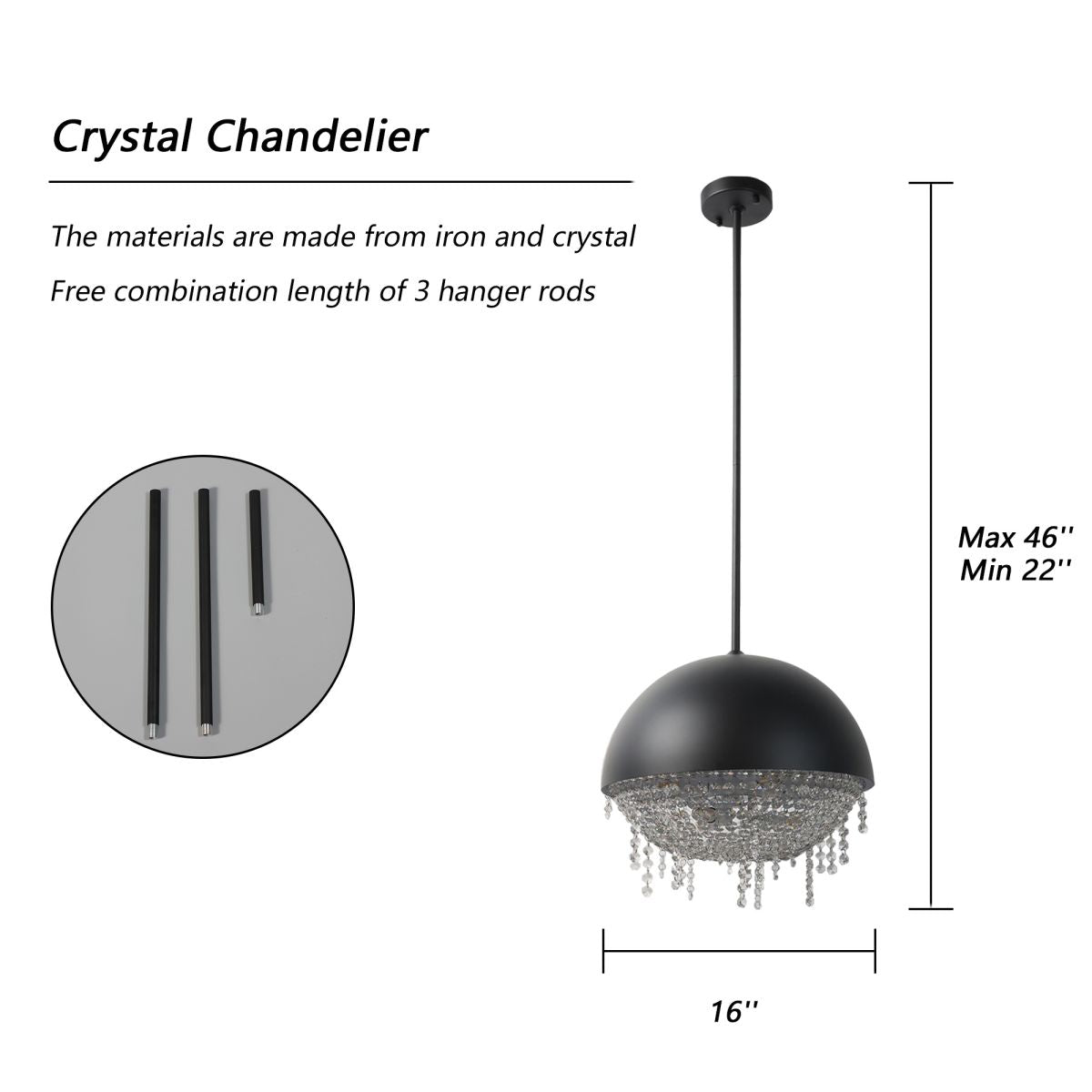 ES - DIY Modern Crystal Pendant Light Fixture Finish,Lighting Crystal Chandelier for Living Room,LED Kitchen Lighting,Hallway,Matte Black