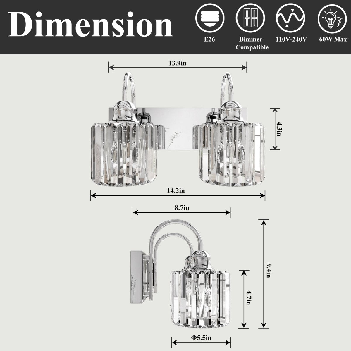 ExBrite 12" 2 - Light Vanity Light with Crystal Design, Chrome