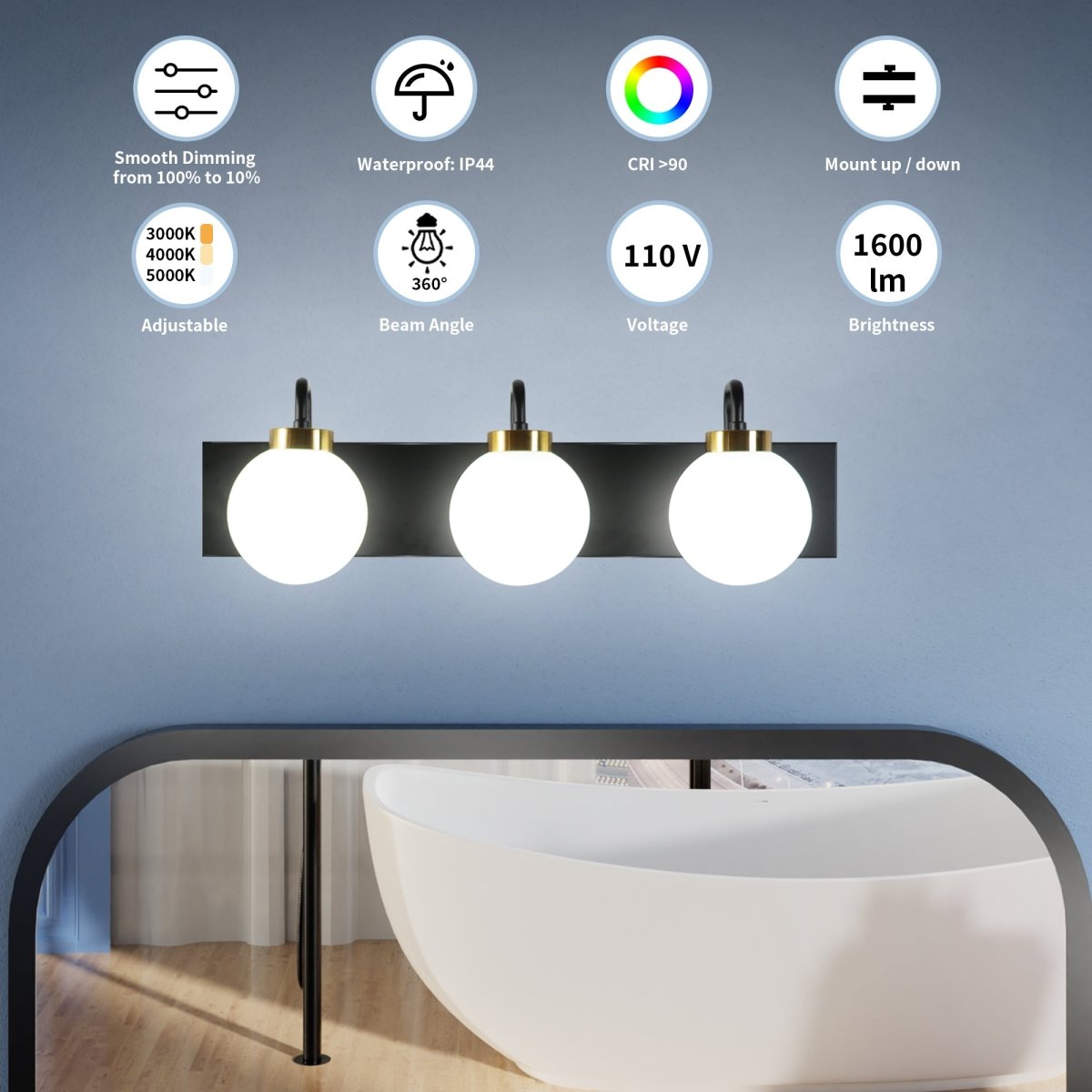 ExBrite 24" 3 - Light LED Vanity Light with Dimmable Switch & Tri - Color Temperature