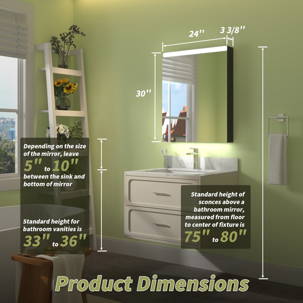 ExBrite 24" W x 30" H LED Light Bathroom Mirror Medicine Cabinet,Hinge on the Left