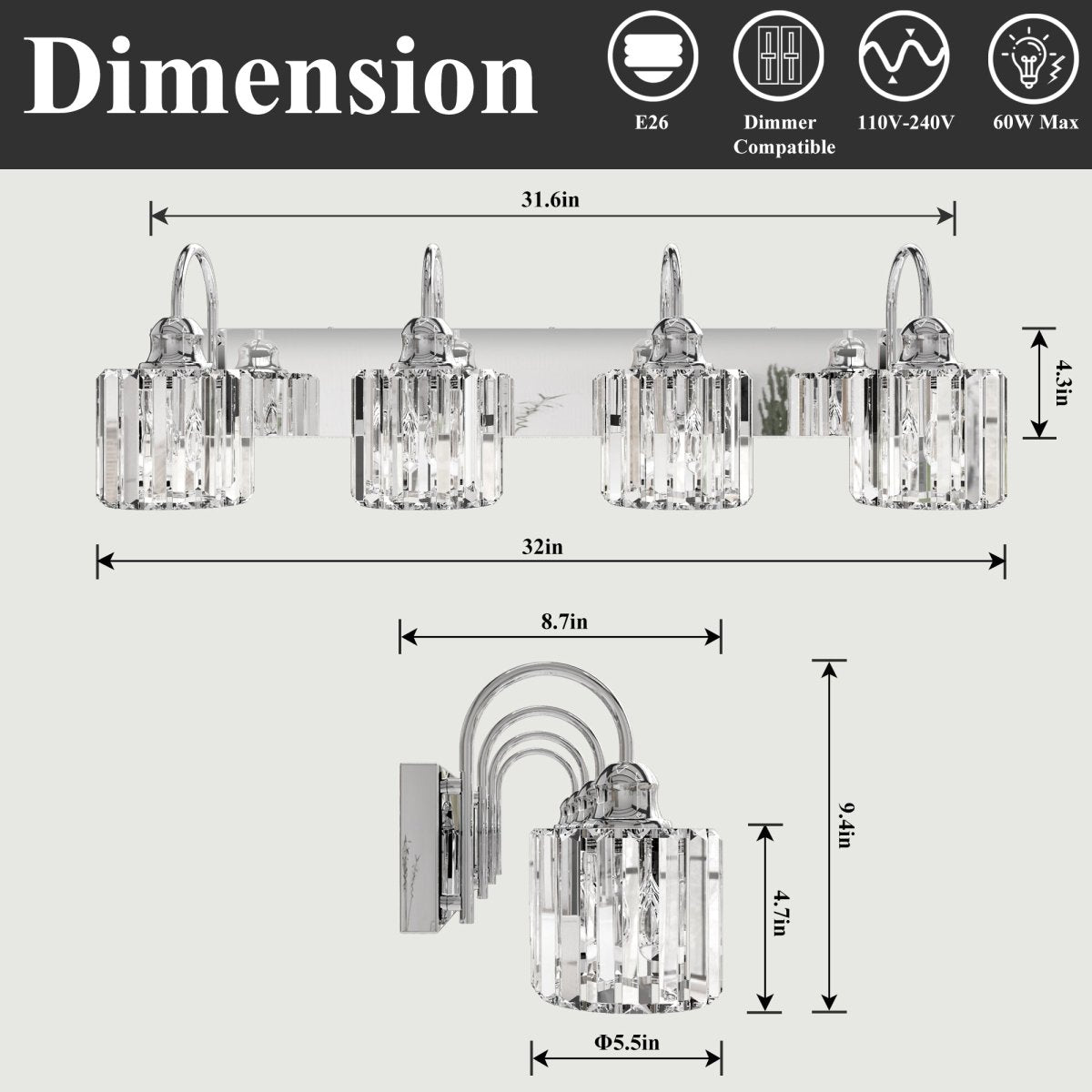 ExBrite 32" 4 - Light Vanity Light with Crystal Design, Chrome