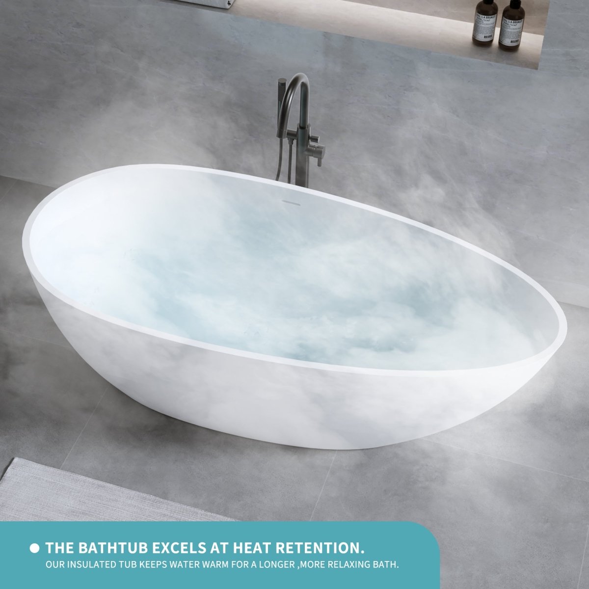 Exbrite 59'' Freestanding Solid Surface Resin Stone Bathtub,Free Standing Tub with Overflow and Pop - up Drain, Matte White