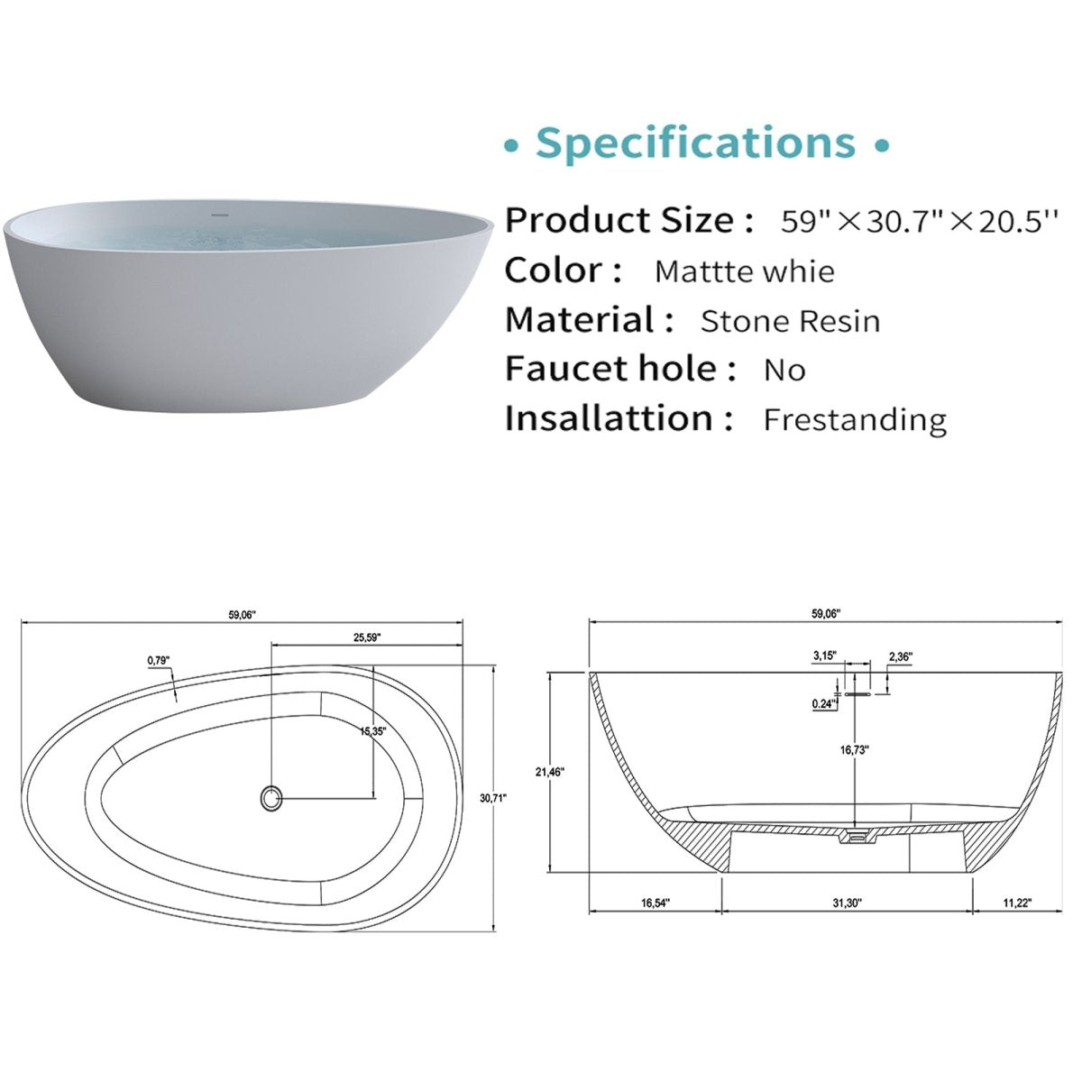 Exbrite 59'' Freestanding Solid Surface Resin Stone Bathtub,Free Standing Tub with Overflow and Pop - up Drain, Matte White