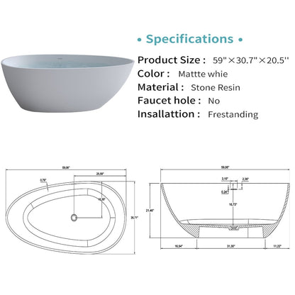 Exbrite 59'' Freestanding Solid Surface Resin Stone Bathtub,Free Standing Tub with Overflow and Pop - up Drain, Matte White