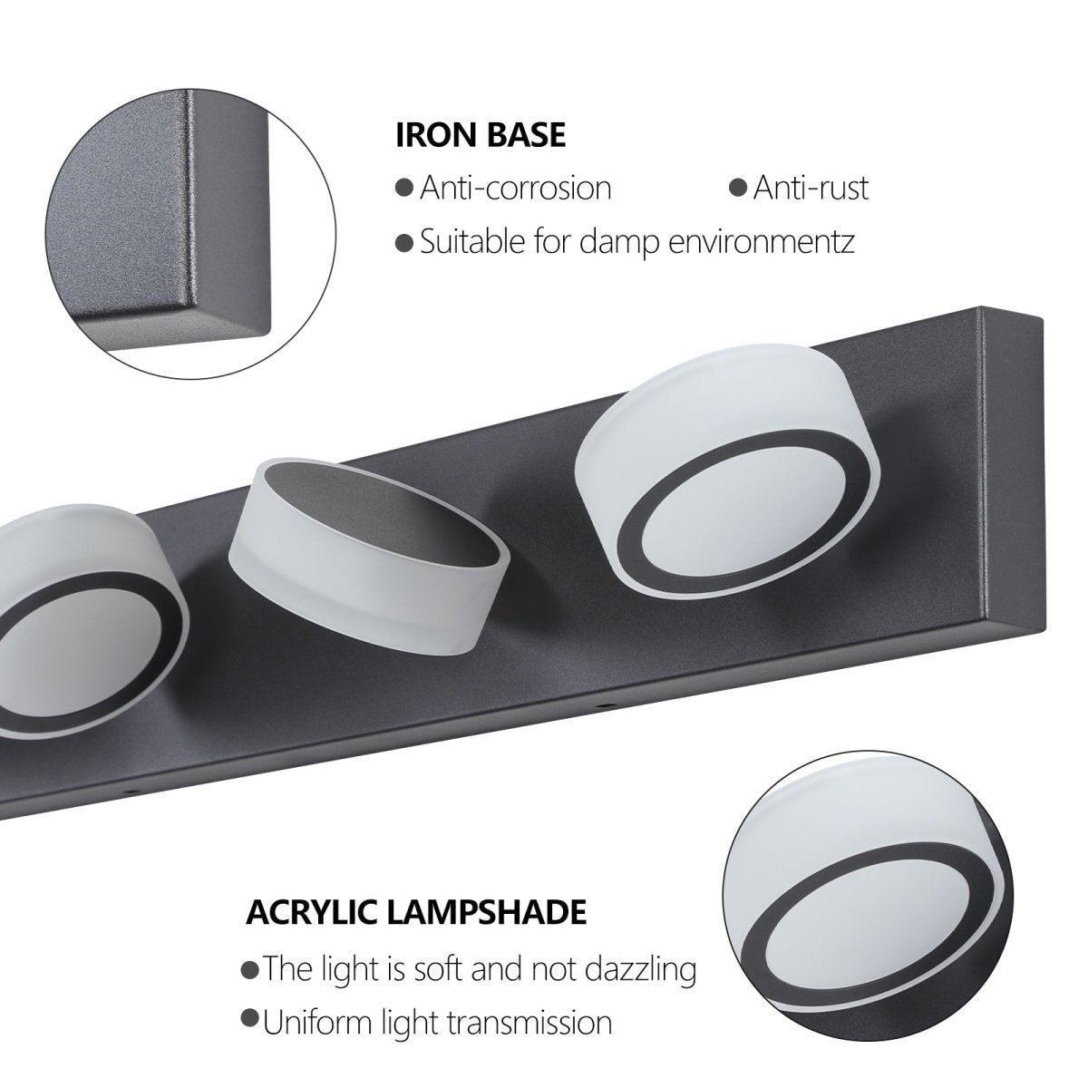 ExBrite LED Modern Black 4-Light Vanity Lights Fixtures Over Mirror Bath Wall Lighting