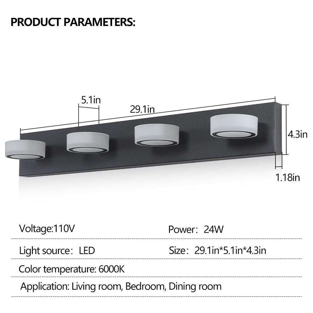 ExBrite LED Modern Black 4-Light Vanity Lights Fixtures Over Mirror Bath Wall Lighting