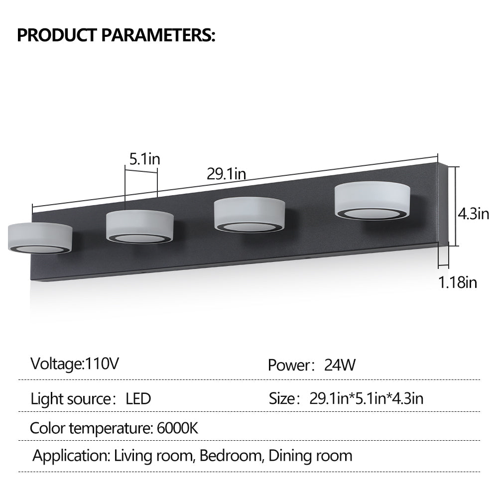 ExBrite LED Modern Black 4 - Light Vanity Lights Fixtures Over Mirror Bath Wall Lighting